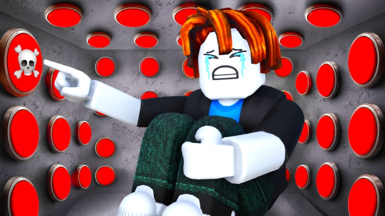The Button Room 2 Roblox chamber with walls of unlabeled buttons and a survivor mid-press