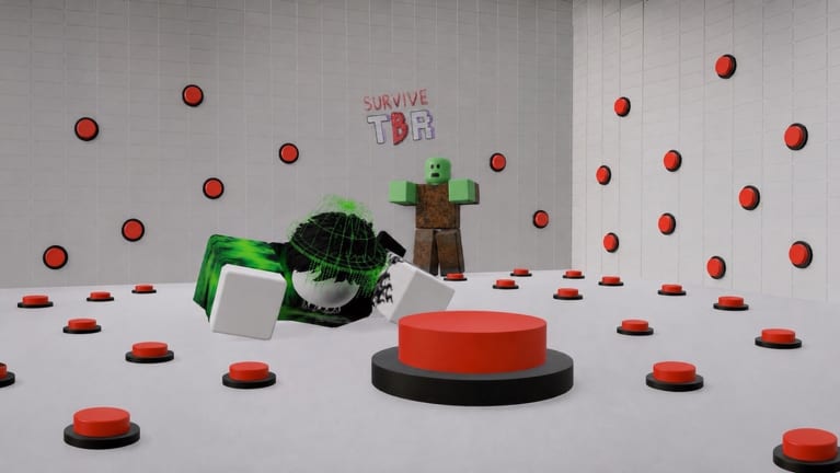 Wide shot of The Button Room 2 high-tech escape chamber, HUD, and trap-lined floor